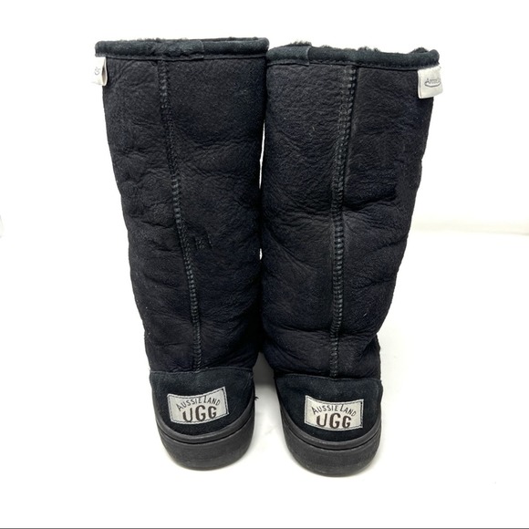 Ugg Aussie Land Black Leather Mid Shaft Cozy Sheep Skin Boots - Picture 3 of 8